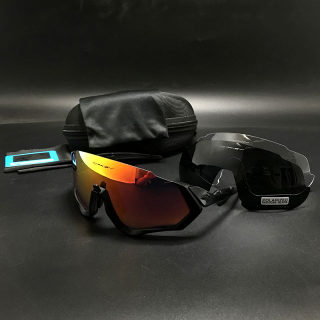 Oakley Flight Jacket Sunglasses Black/Ruby Iridium  + Gray and Clear Lens (free)